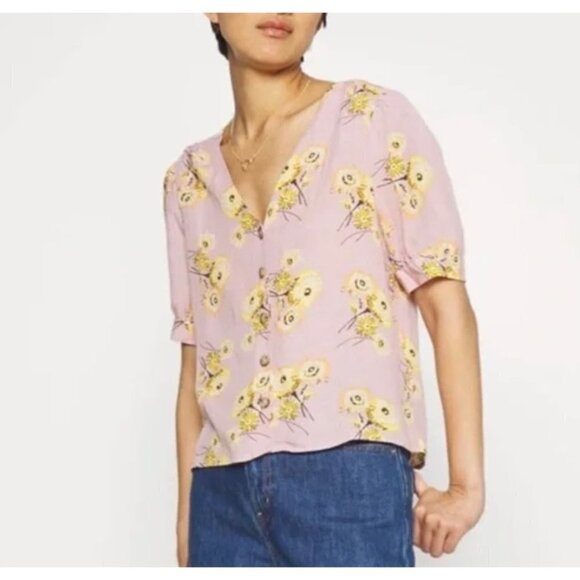 Madewell Pink Linen Blend Plaza Dutch Dandelion Print Top Size XX-Small - Picture 1 of 9